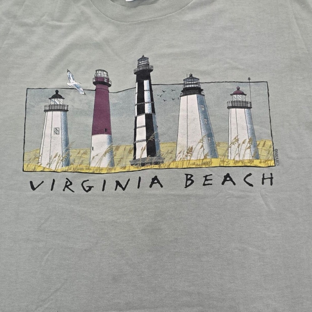 Vintage Virginia Beach Lighthouse Graphic T-Shirt Gray Single Stitch Hanes L - Picture 3 of 6